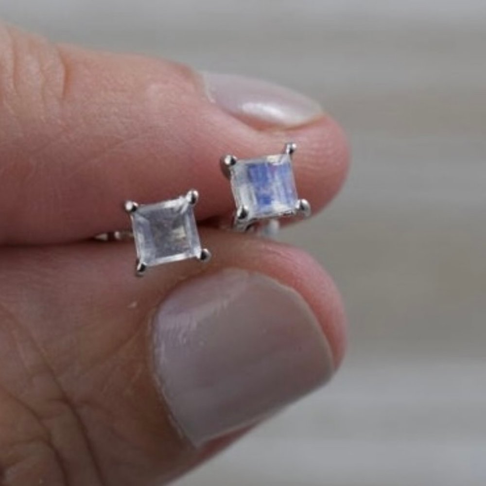 Small Square Moonstone Stud Earrings, Sterling Si… - image 6